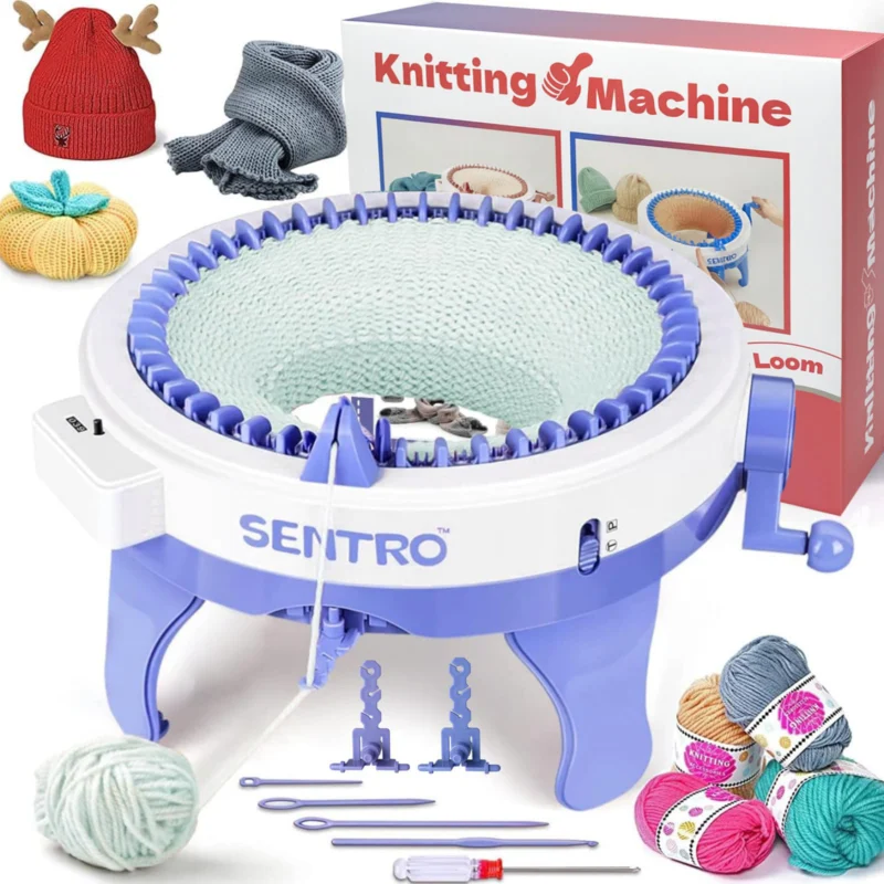 Sentro 48-Needle Knitting Machine User Manual (Blue): Setup, Tube and Panel Knitting, and PDF Download 2 Sentro 48-needle Blue knitting machine with a finished tube, shown with finished hats and scarves