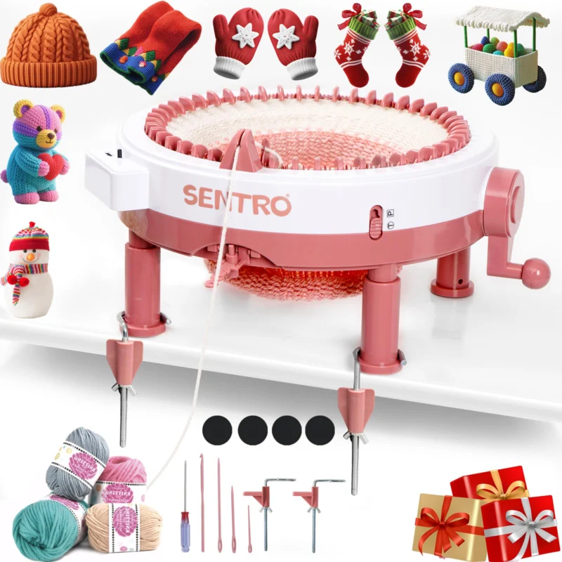 Sentro 48-needle Upgraded knitting machine with a finished tube, shown with finished hats and scarves