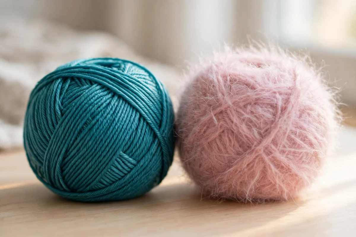 Best Yarn for a Sentro Knitting Machine: Weights, Fibers, and Brands That Run Cleanly 3 Smooth worsted yarn and fuzzy yarn side by side for Sentro knitting machine comparison